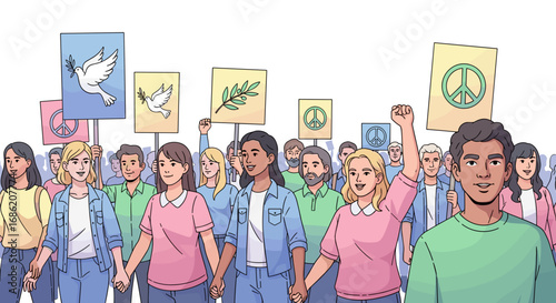 People marching for peace holding signs with peace symbols