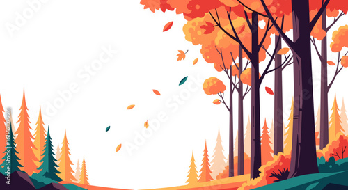 Illustration of an autumn forest with falling leaves and trees