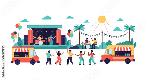 Outdoor concert with food trucks and a crowd of happy people