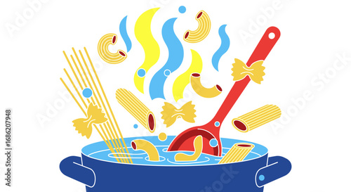 Illustration of various pasta shapes cooking in a blue pot