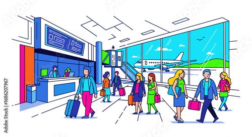 People walking in airport terminal with plane in background