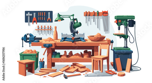 Illustration of a woodworking shop scene with tools and wood