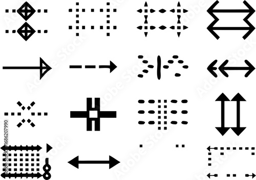 Vector illustration of various directional arrows and dotted patterns arranged in a grid like structure design element