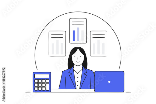 Businesswoman reviewing financial documents vector illustration