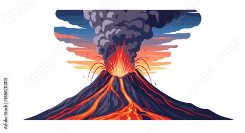 Illustration of a volcano erupting with lava and smoke plumes
