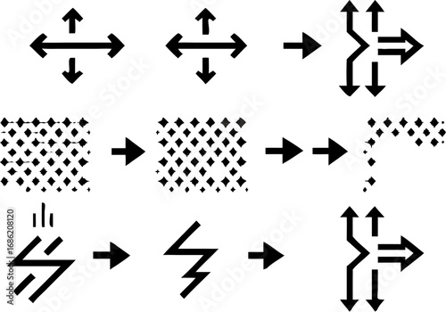 Vector black and white illustration showing transformations of arrows and patterns with directional indicators