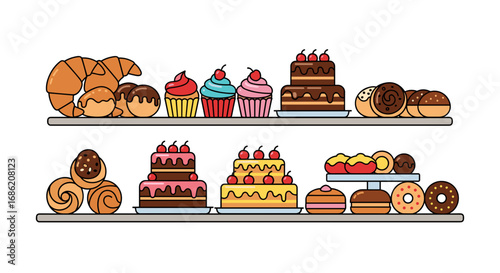 Two shelves filled with various baked goods and sweet treats