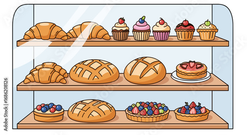 Display case filled with baked goods croissants and pastries