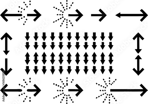 Vector assorted black arrows pointing in different directions with dotted patterns and vertical arrangements