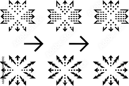 Vector pattern showing transformation of arrow clusters with right arrows in between on a white background
