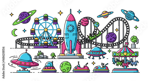 Illustration of an amusement park with space theme elements