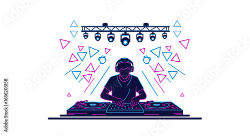 Silhouette of dj performing with turntables under stage lights