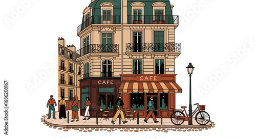 Street view of a parisian cafe with people and a bicycle