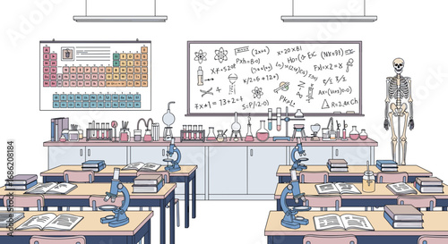 Illustration of a science classroom with desks and equipment