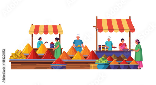 Busy market scene with vendors selling colorful spice cones