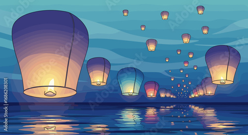 Sky lanterns floating over water at night celebration scene