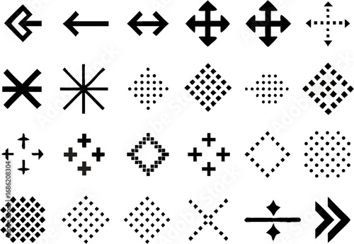 Vector illustration of an assortment of black arrow symbols and diamond shapes on a white background design element