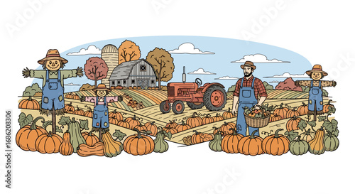 A farm scene with pumpkins scarecrows and a red tractor farm