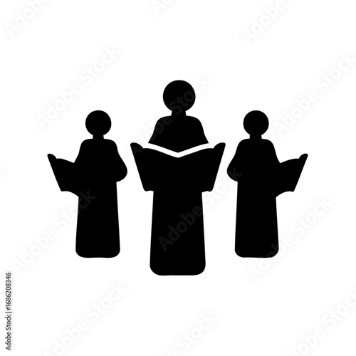 A black and white silhouette of a choir singing with music books