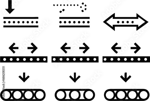 Vector diagram illustrating material transformation with arrows and circles in a structured arrangement shown