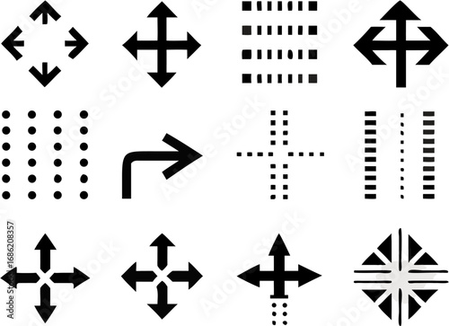Vector illustration of twelve different black directional icons and patterns arranged in a rectangular grid format