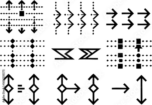 Vector various abstract geometric patterns with arrows dots and shapes arranged in rows and simple equations