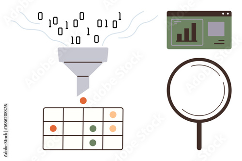 Binary data flowing into a funnel and converting to organized table format with charts and magnifying glass analyzing patterns. Ideal for analysis, big data, organization, filtration, technology