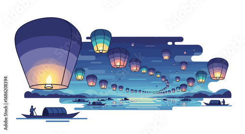 Floating lanterns over water with boats and a night sky view