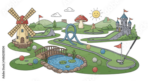 Illustration of a whimsical miniature golf course landscape