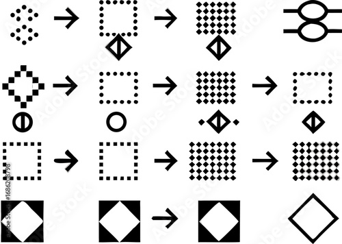 Vector black and white diagram showing transformations of shapes with arrows indicating the progression steps