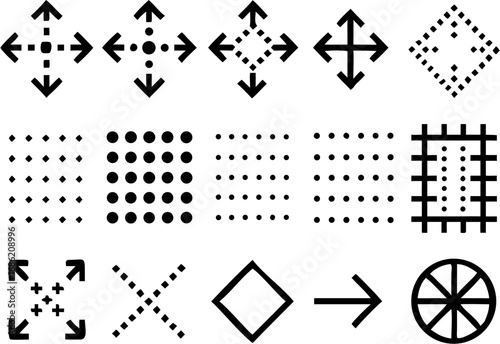 Vector arrows pointing outwards and grids of dots and lines arranged in rows and columns in a black and white image