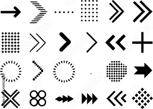 Vector a collection of various black and white geometric shapes including arrows dots circles and plus and x signs