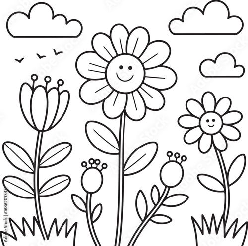 Charming Flower Garden with Clouds Outline Vector Illustration Design