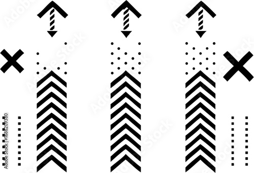 Vector three black chevron arrows pointing upwards with dots above and arrows pointing down and x marks around it