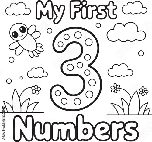 My First Numbers Three Outline Vector Illustration for Kids Learning