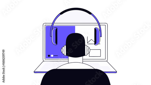 Person attending online class wearing headphones vector illustration