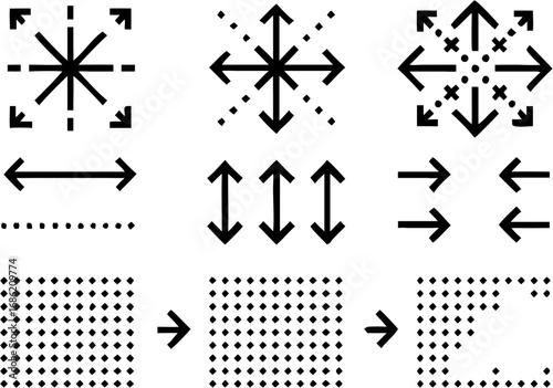 Vector illustration depicting various arrow configurations and dot patterns on a white background surface