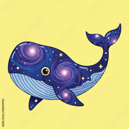 Whimsical galaxy whale illustration with cosmic swirls and stars