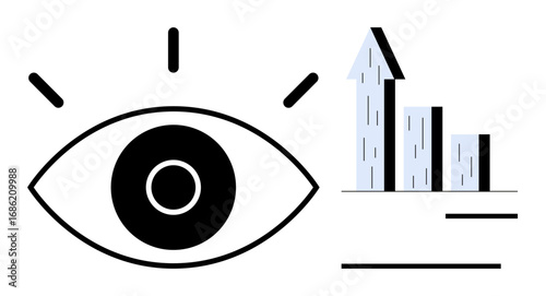 Eye with radiating lines beside upward arrow bar chart. Ideal for growth, analytics, vision, success, strategy, observation simple landing page. Line metaphor. Simple line icons