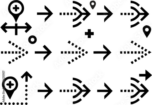 Vector illustration showing various arrow icons and location markers in a grid like arrangement format design