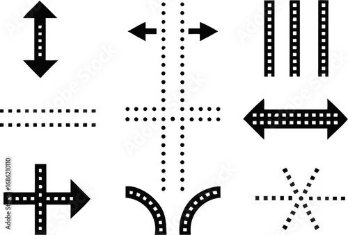 Vector illustration of various directional arrows and path symbols including straight curved and intersecting lines