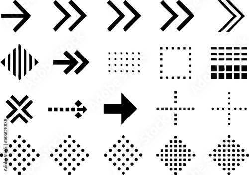Vector illustration showing a variety of black and white directional arrows and geometric shapes arranged in rows