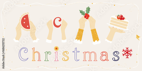Hands holding christmas symbols and the word christmas in colorful letters