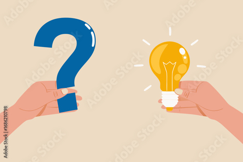 Hands holding a question mark and a glowing light bulb symbolizing problem solving and innovation