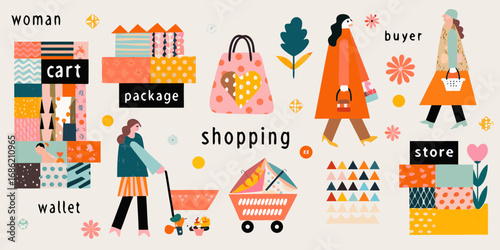 Stylish women enjoying shopping with colorful bags carts and packages in a vibrant illustration
