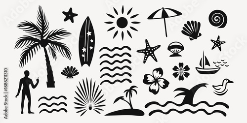 Collection of black and white beach and summer icons including palm trees surfboards sun waves and seashells