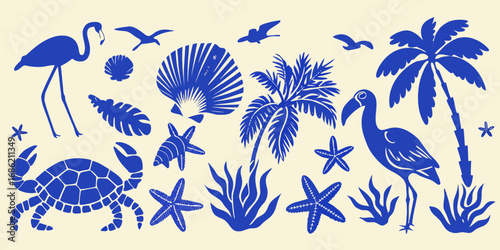 Vibrant blue silhouette collection of tropical beach elements including flamingos palm trees seashells starfish crabs and seagulls on a cream background