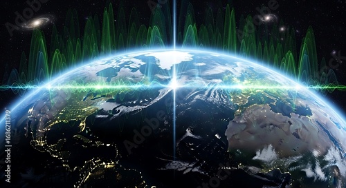 Abstract representation of earth, illuminated by digital signals and cosmic radiation, showcasing global connectivity