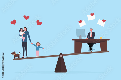 Balancing work life and family life on a seesaw with love and career symbols