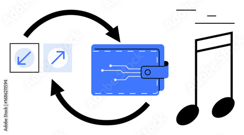 Blue digital wallet, music notes, directional arrows denoting transfer, and icons for exchange. Ideal for payment systems, technology, digital assets, creative economy, music industry data flow